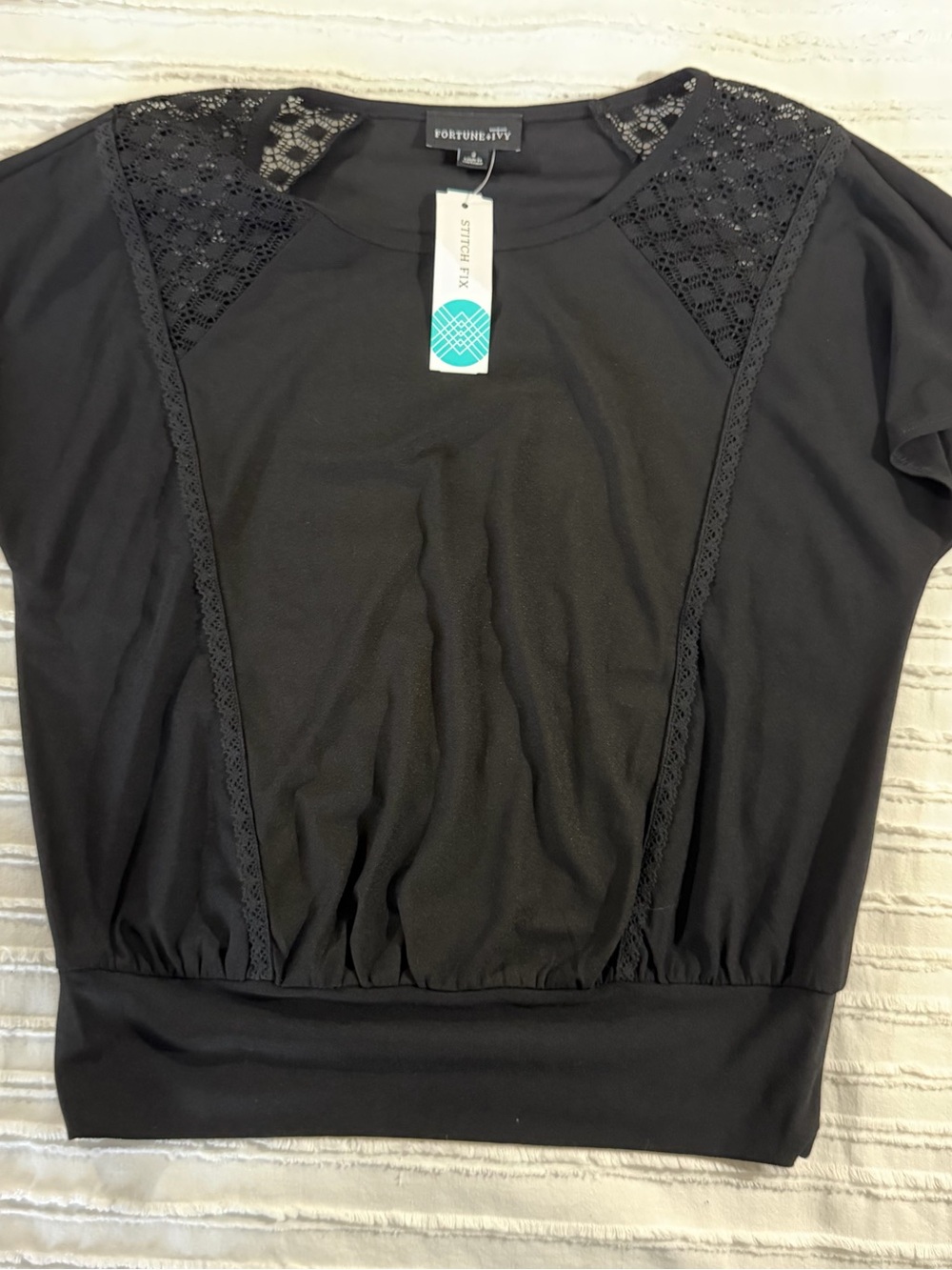Fortune + Ivy Black Lace-Trim Short Sleeve Top new with tags size small